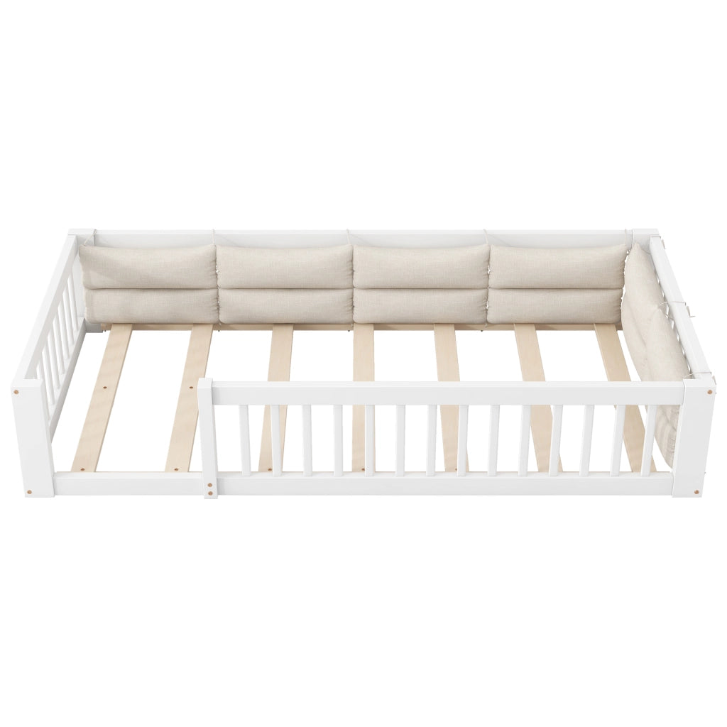 Letto a piattaforma 90x200 cm con sponde e cuscini; bianco; in pino massello e MDF