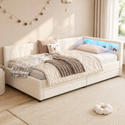 Letto da giorno 90x200 cm con 2 cassetti, LED e USB-C in lino e MDF beige