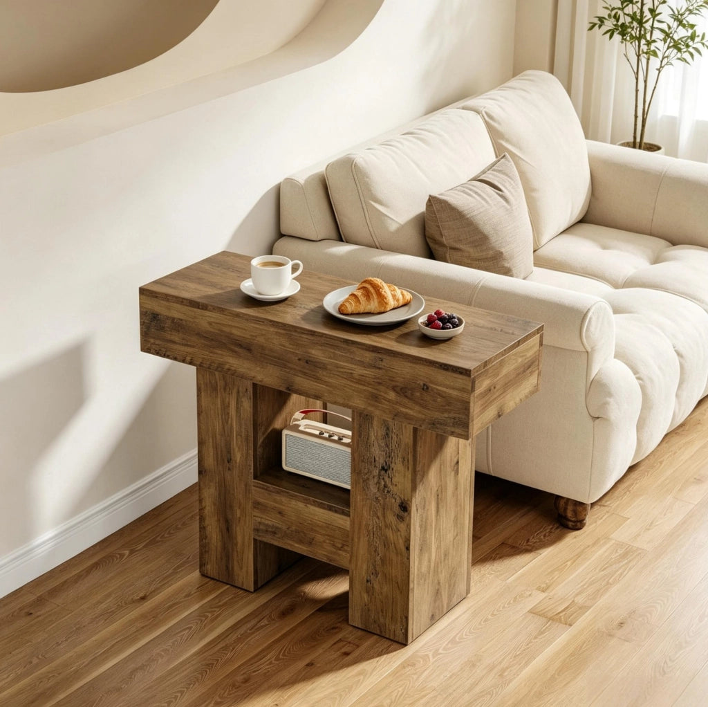 Tavolino stretto multifunzione in MDF con doppio ripiano, per soggiorno e camera da letto, colore naturale