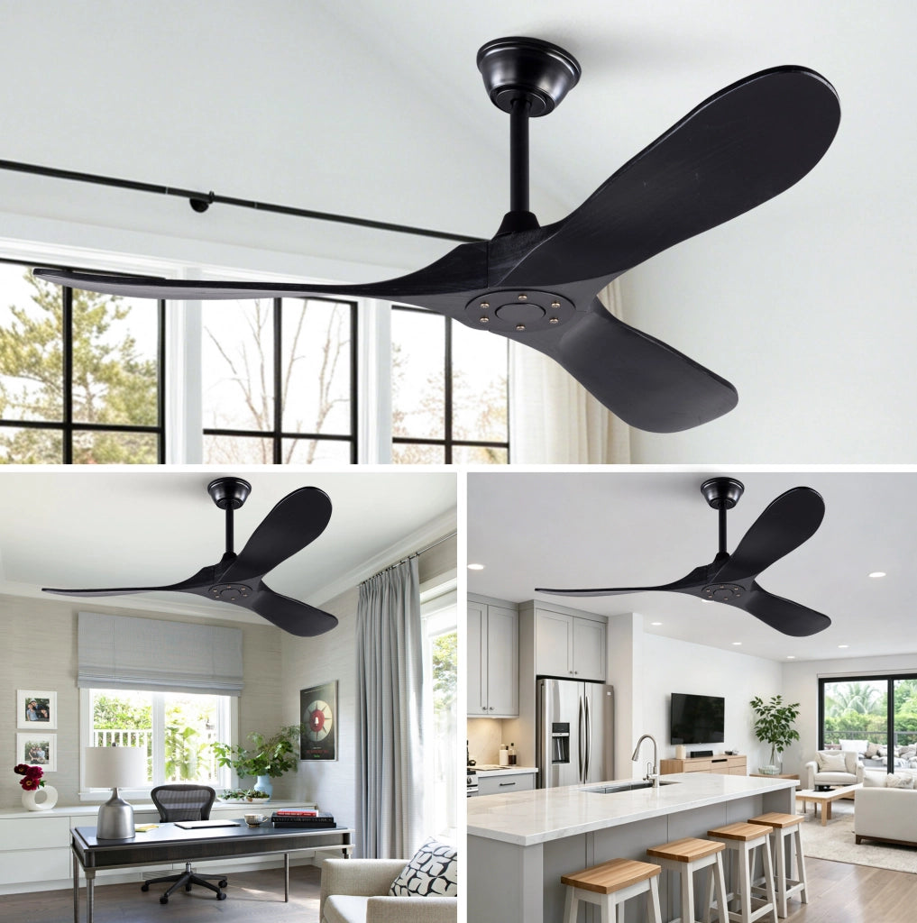 Ventilatore da soffitto nero da 52 pollici con 3 pale in legno massello Paulownia, 6 velocità regolabili con telecomando