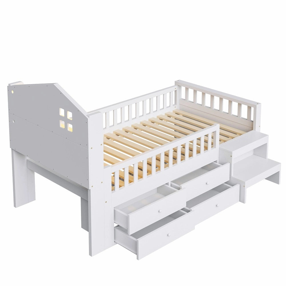 Letto Singolo Bambini 90x200 con Cassetti, LED e Rete a Doghe ¨C Xylo ¨C Massello Bianco