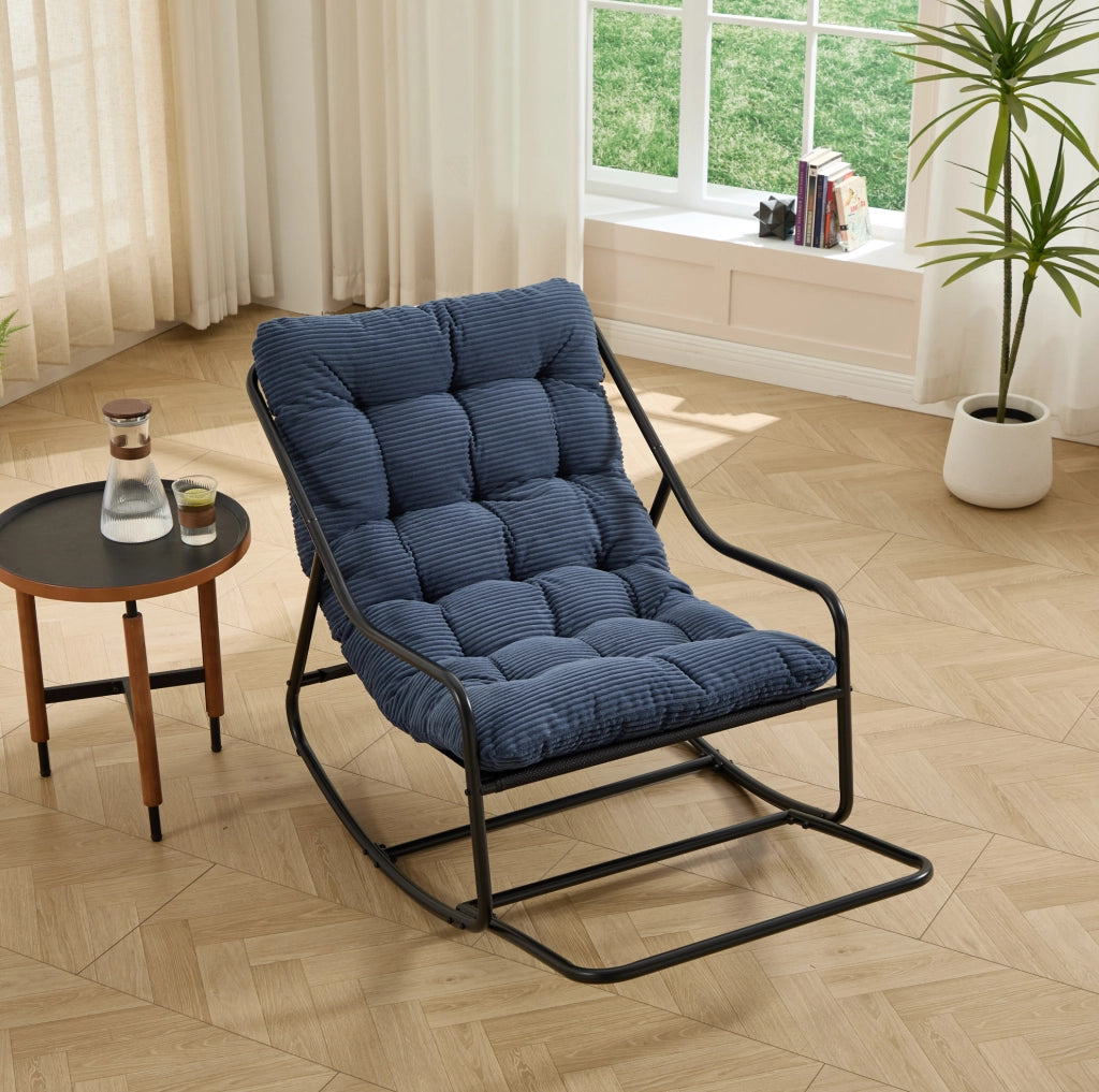 Sedia a dondolo da esterno 116x75x82 cm in acciaio nero con cuscino blu navy