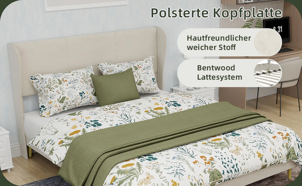 Letto imbottito con testiera ¨C Minimal ¨C Beige tessuto 140x200 cm, senza contenitore