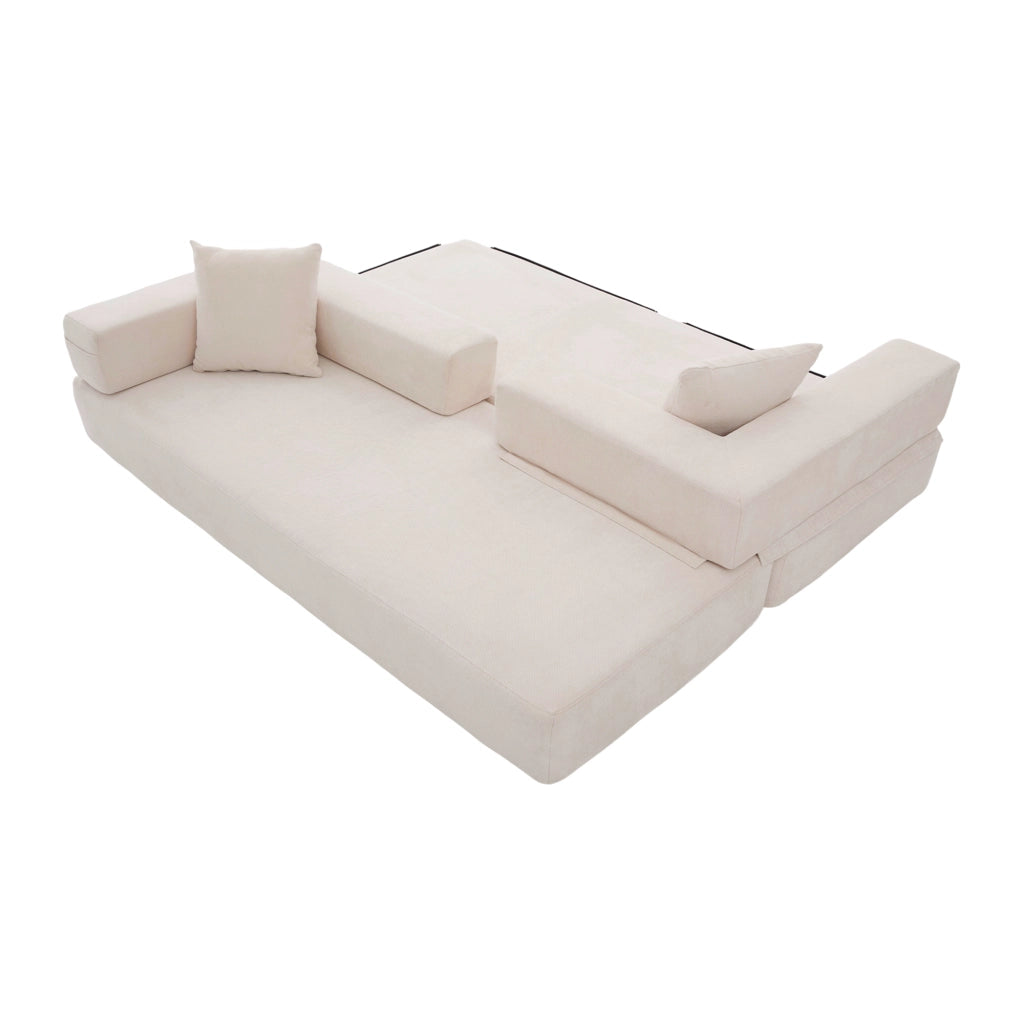 Divano modulare in ciniglia beige con tasche laterali e base antiscivolo