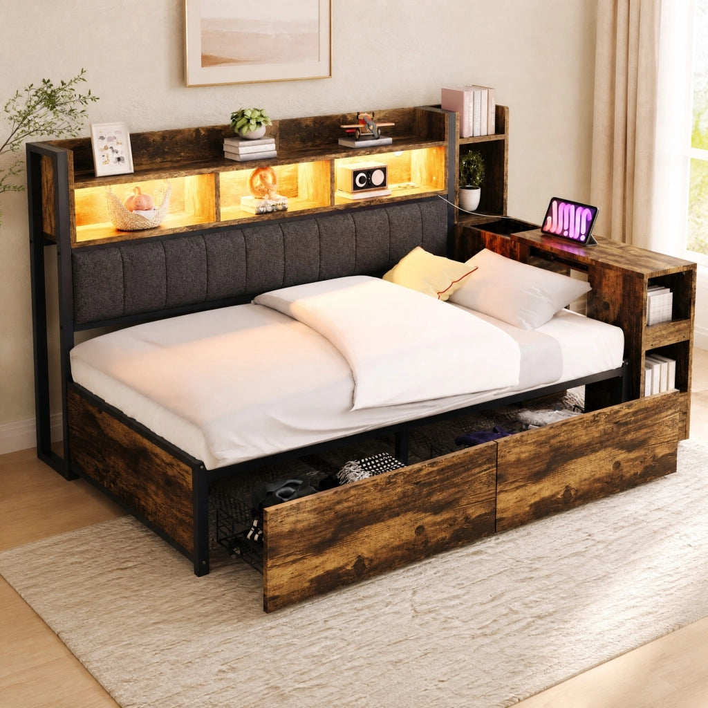 Letto singolo multifunzione 90x200 cm con scrivania estraibile; cassetti e prese integrate; legno naturale