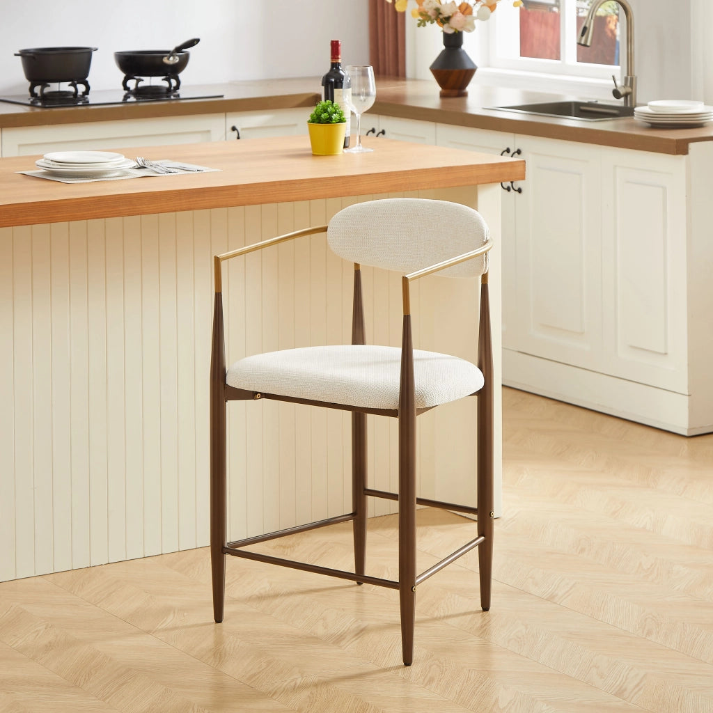 Sgabello da bar set di 2 con braccioli dorati e piedini regolabili, struttura in metallo e tessuto beige