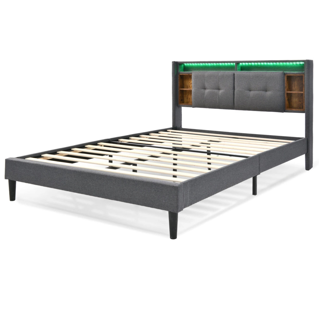 Letto matrimoniale imbottito ULEVR 160x200 cm con testiera contenitore, LED, 2 USB e 2 prese, grigio
