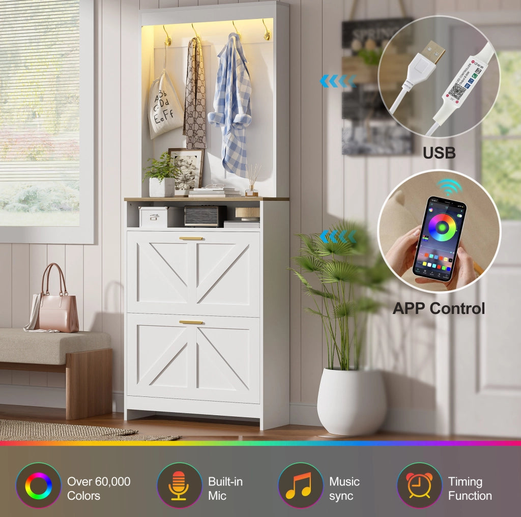 Armadio Slim Porta Scarpe con Illuminazione LED e 2 Cassetti Ribaltabili, con Ganci, Bianco, 70x24x180 cm