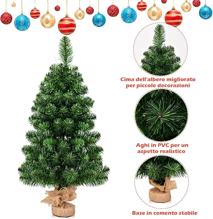 Mini Albero di Natale 60/90 cm, Albero di Natale Piccolo con 67/96 Rami e Base in Cemento, Albero di Natale da Tavolo per Casa, Negozio e Ufficio, Verde (90 x 45,5 x 45,5cm)