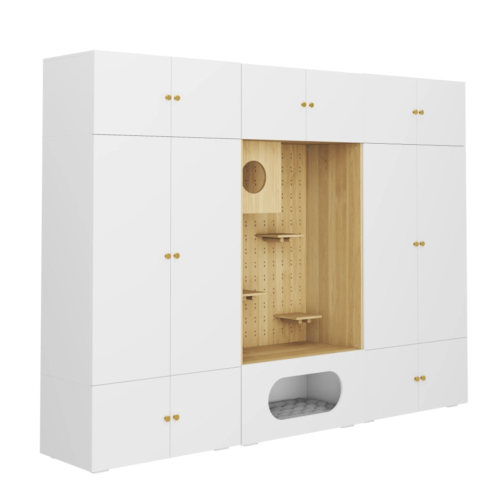 Armadio guardaroba 270x50x200 cm con area per gatti in truciolare bianco e legno