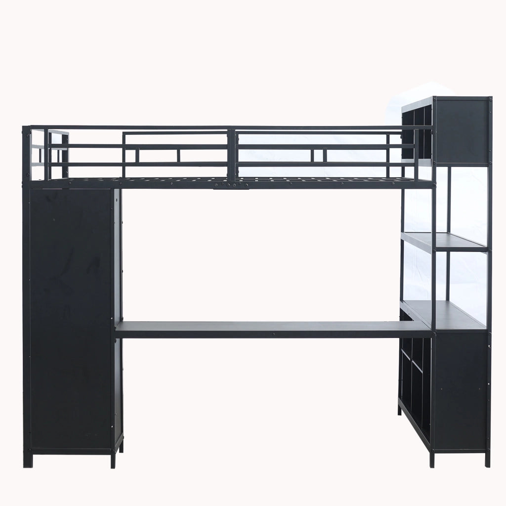 Letto a soppalco 140 × 200 cm 2 posti con scrivania, armadio e vani contenitore, senza materasso, nero