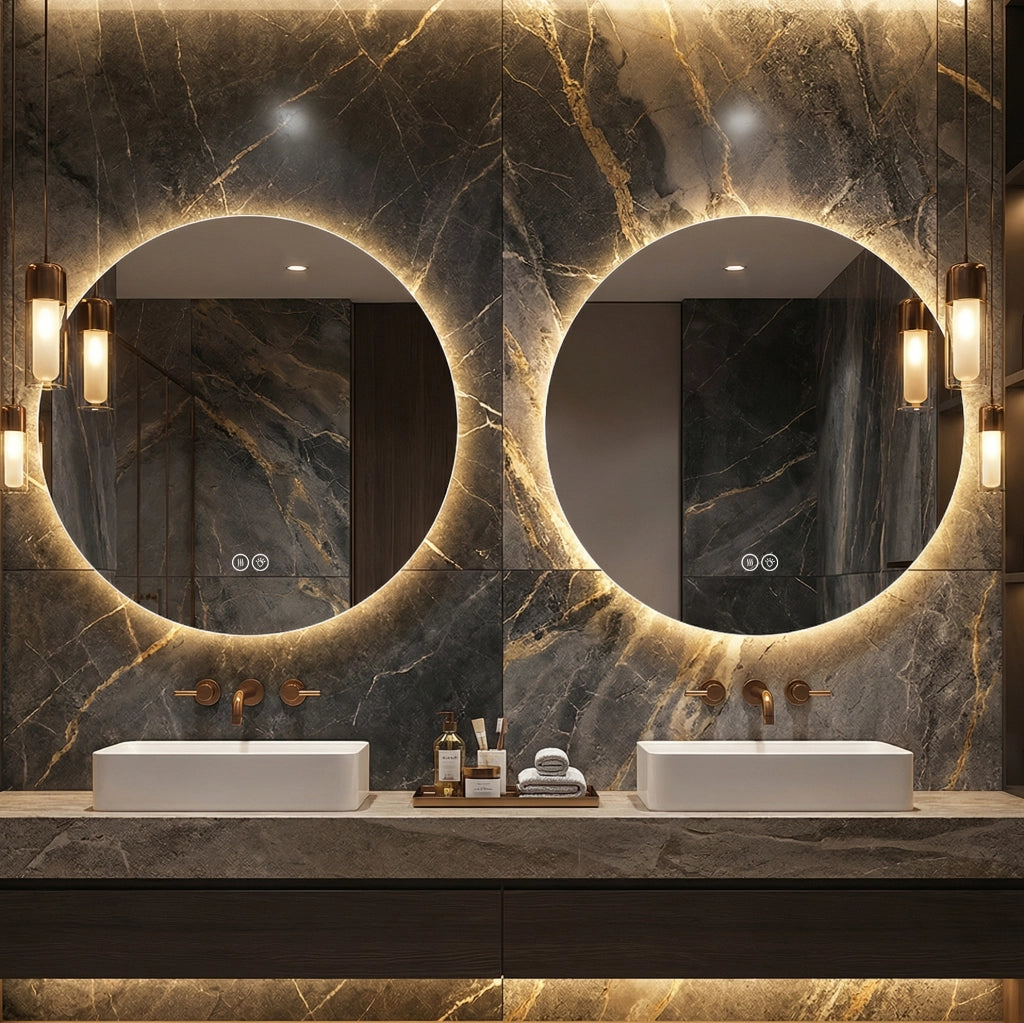 Specchio da bagno rotondo LED 80 cm con illuminazione anteriore e retroilluminazione, antiappannamento, 3 tonalità di luce, dimmer regolabile, funzione memoria, vetro argento HD 5 mm senza rame