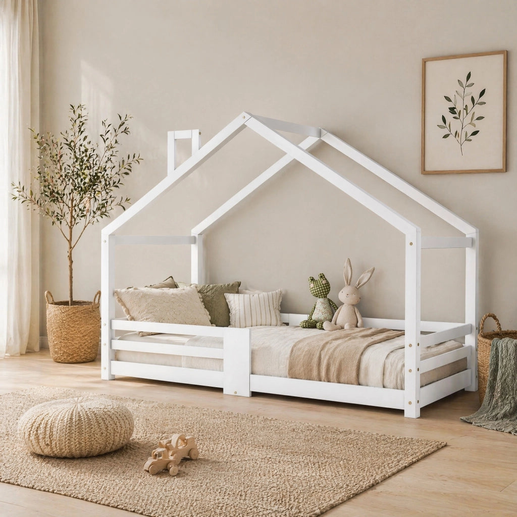 Letto a casetta per bambini 90 x 200 cm in legno massello bianco con protezione anticaduta