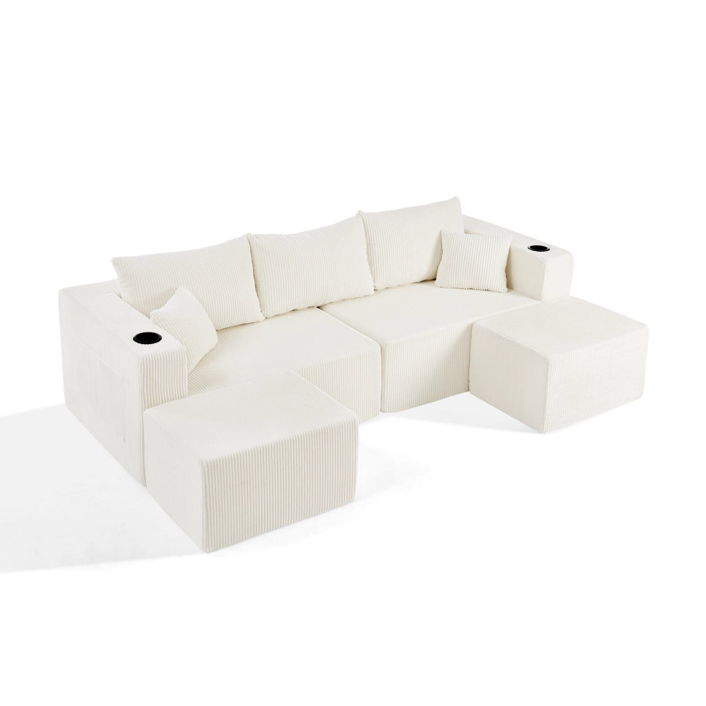 Divano ad angolo modulare 230x138x75 cm; 3 L - seater con pouf mobile; velluto a coste; porta tazze; tasca laterale e cuscini; beige
