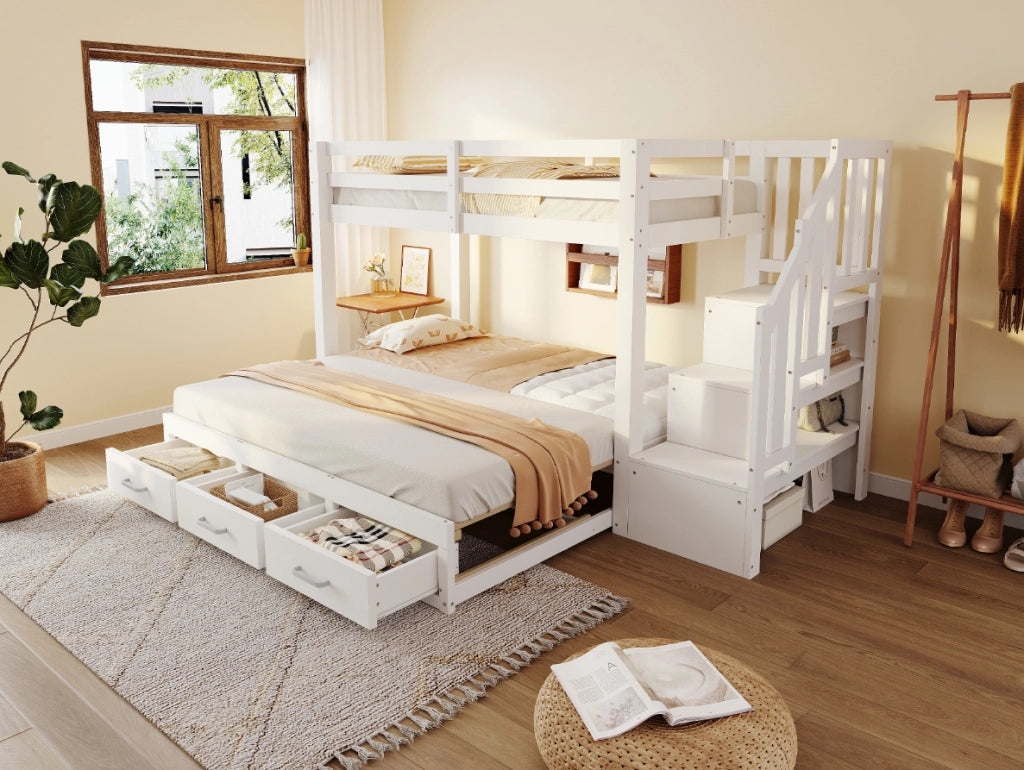 Letto a castello in legno massiccio 90x200 cm con letto estraibile 90/180x190 cm, scala con cassetti, bianco