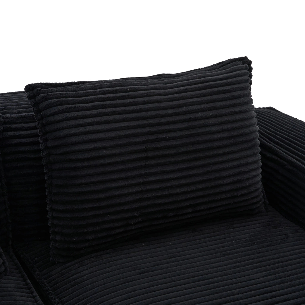 Divano modulare 2 posti con 2 pouf; portabicchieri e tasche laterali; in tessuto a coste nero
