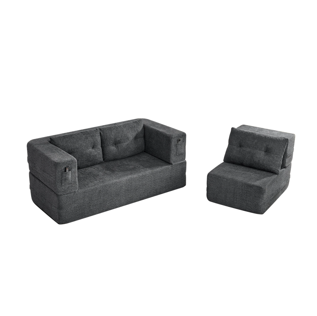 Divano Modulare 2 posti con Poltrona Trasformabile in Letto, Memory Foam, Tessuto Grigio Chiaro, con Tasche Laterali