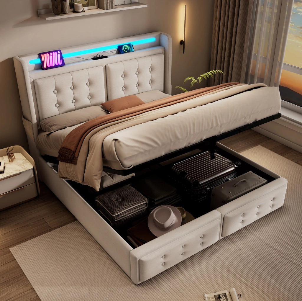 Letto matrimoniale 140x200 con testiera LED, prese USB e materasso incluso