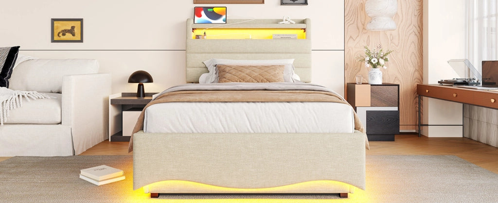 Letto imbottito 90 x 200 cm in lino beige con illuminazione LED, meccanismo idraulico e porte USB/Tipo-C