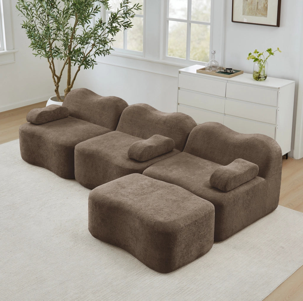Divano angolare modulare ULEVR in velluto marrone con pouf collegabile, imbottitura in schiuma 32D