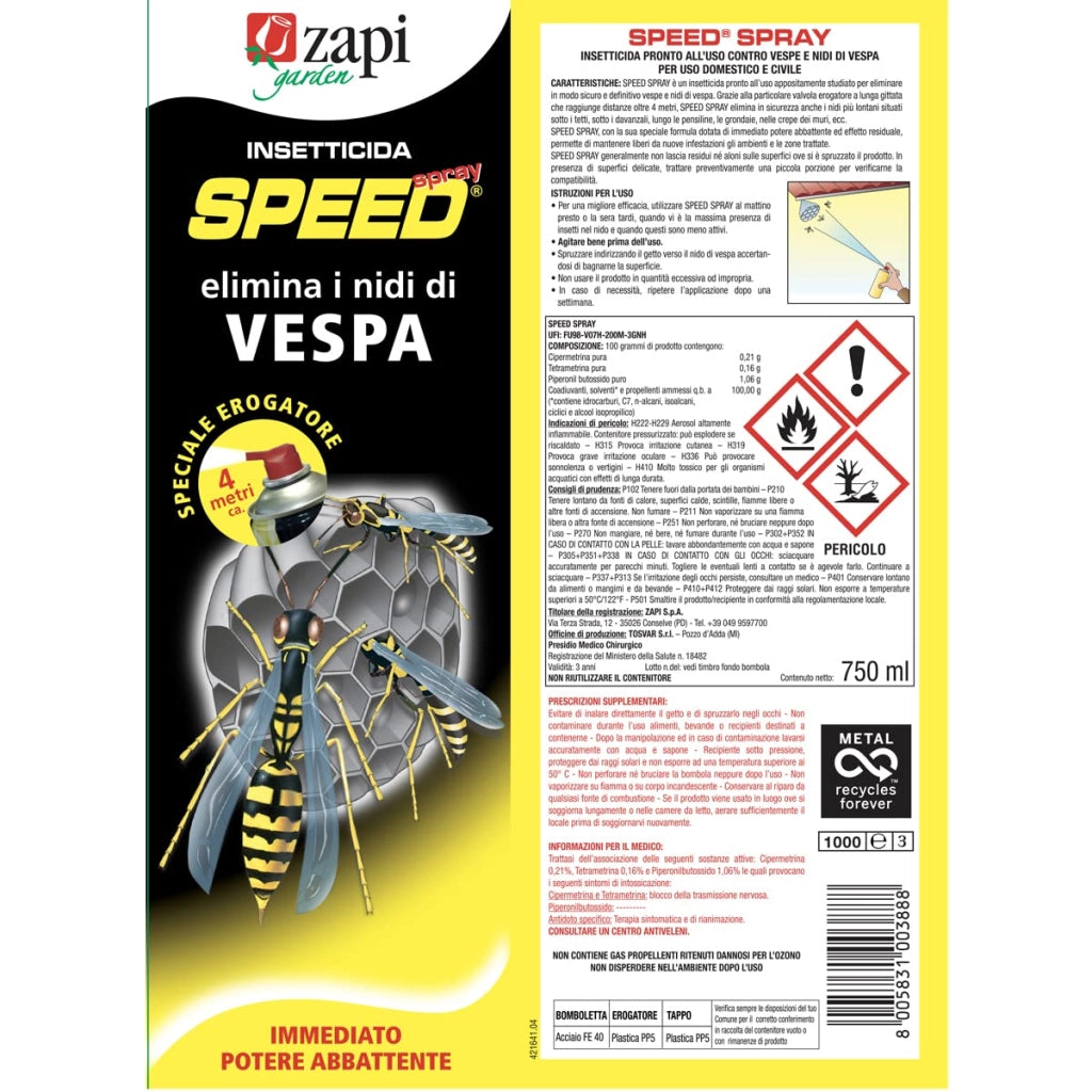 Insetticida Speed Spray per Vespe e Nidi di Vespe 750 ml Zapi 6 Pezzi