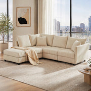 Divano modulare 5 posti 220x194 cm con pouf mobile in effetto lino beige
