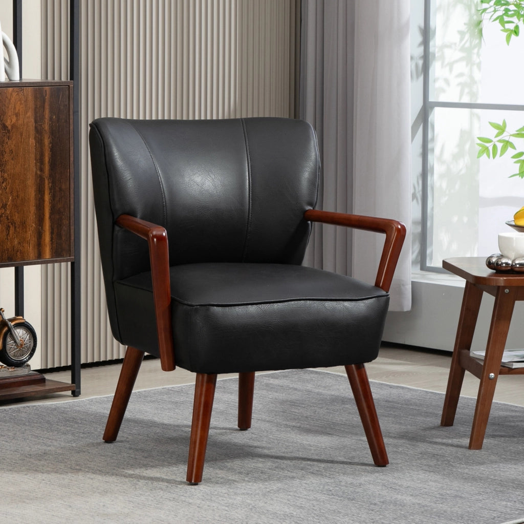 Poltroncina imbottita nera con braccioli e gambe in legno
