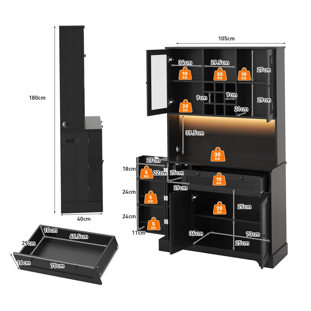 BUFFET 180x105x40 cm Nero in MDF con LED e prese USB