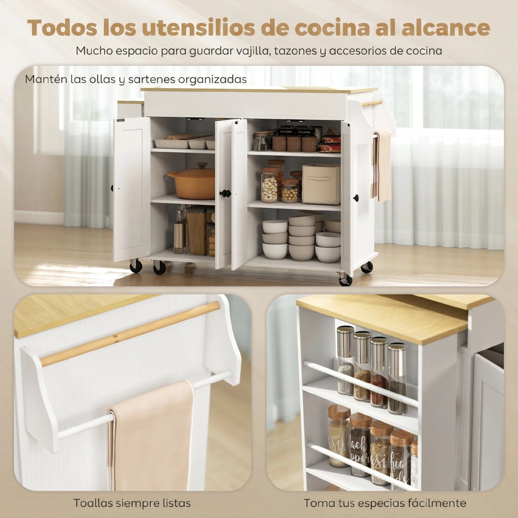 Carrello da Cucina con Ruote ¨C Xylo ¨C Piano Estraibile 4 Ante Ripiani Regolabili Portaspezie Bianco