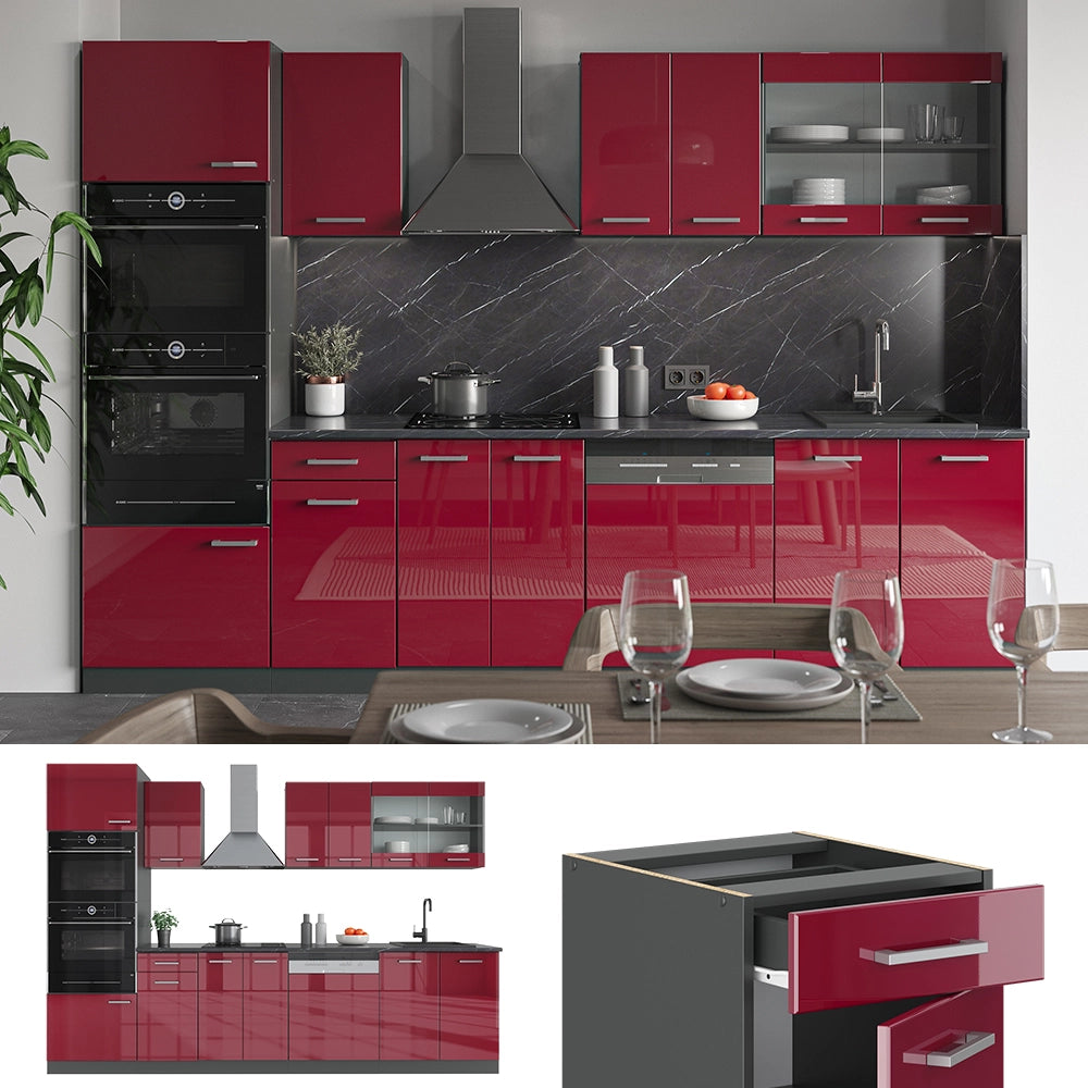 Vicco Cucina componibile Rosso lucido/antracite 300 cm con armadio alto, PL Marmo