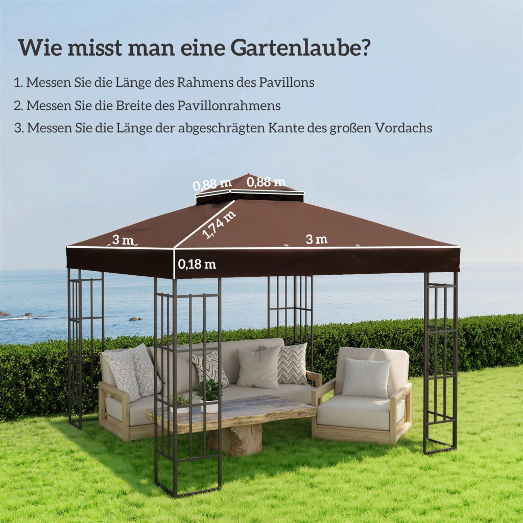 Tetto di Ricambio per Gazebo 3 x 3 m Telo Parasole in Poliestere a Doppio Livello con Fori di Drenaggio UPF 30+ Caffè per Giardino