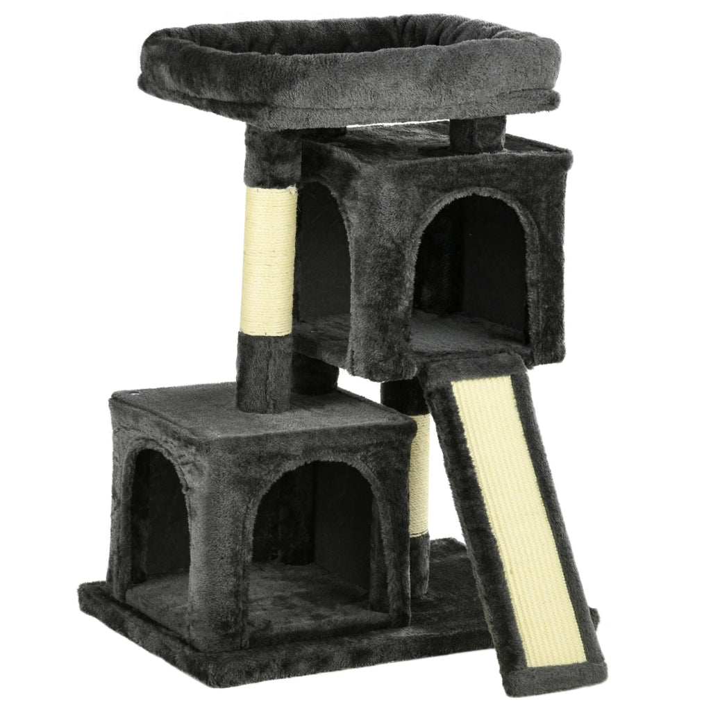Tiragraffi angolare per gatti con colonna in sisal e tavoletta tiragraffi piattaforme e cucce grigio scuro 59 × 39 × 83 cm