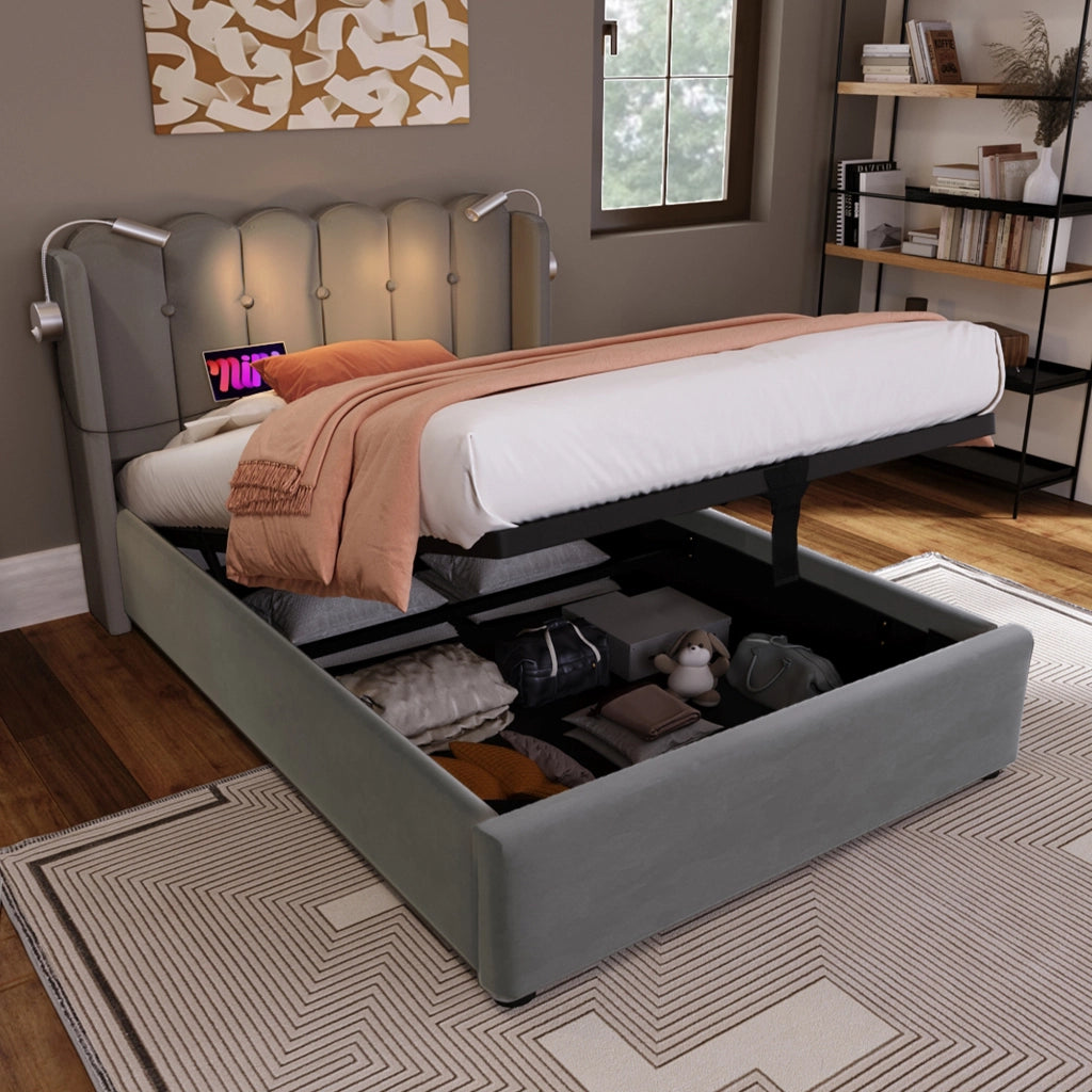 Letto singolo contenitore 90 × 200 cm in velluto grigio con luce da lettura usb testiera e rete a doghe