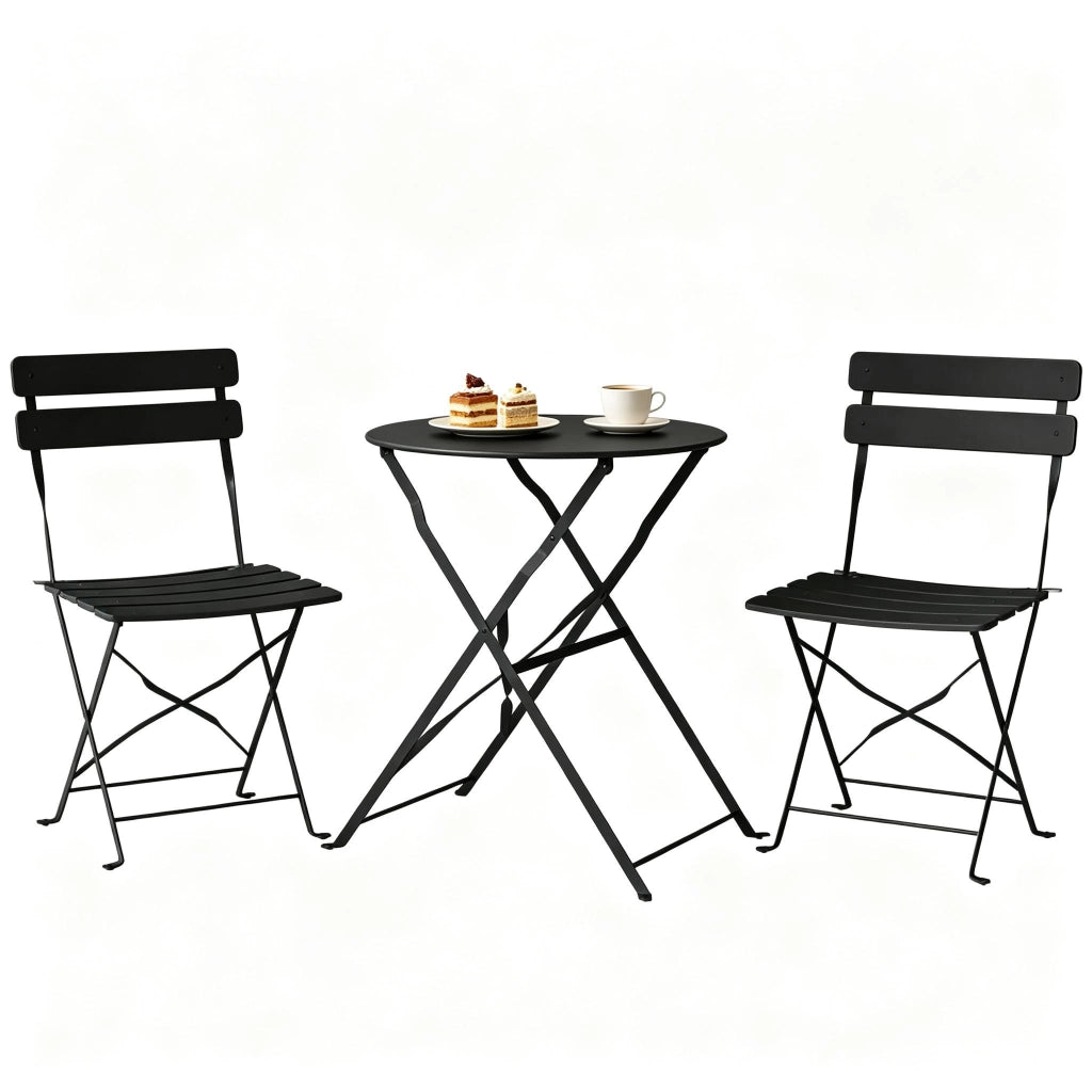 Set da bistrot pieghevole da esterno con tavolo e 2 sedie in metallo nero resistente alla ruggine e agli agenti atmosferici
