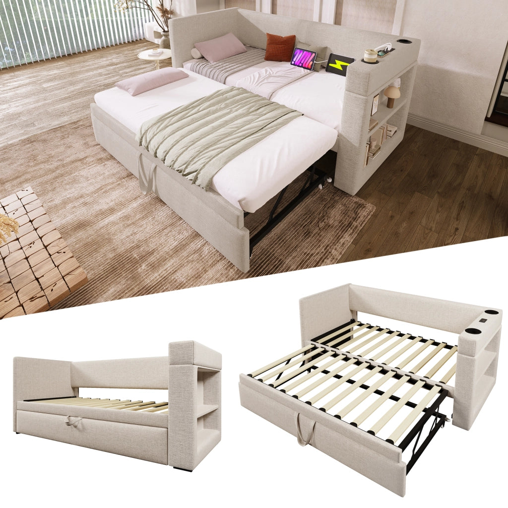 Letto estraibile 90 × 190 cm in cotone e lino beige con USB Type C portabevande e ripiani laterali