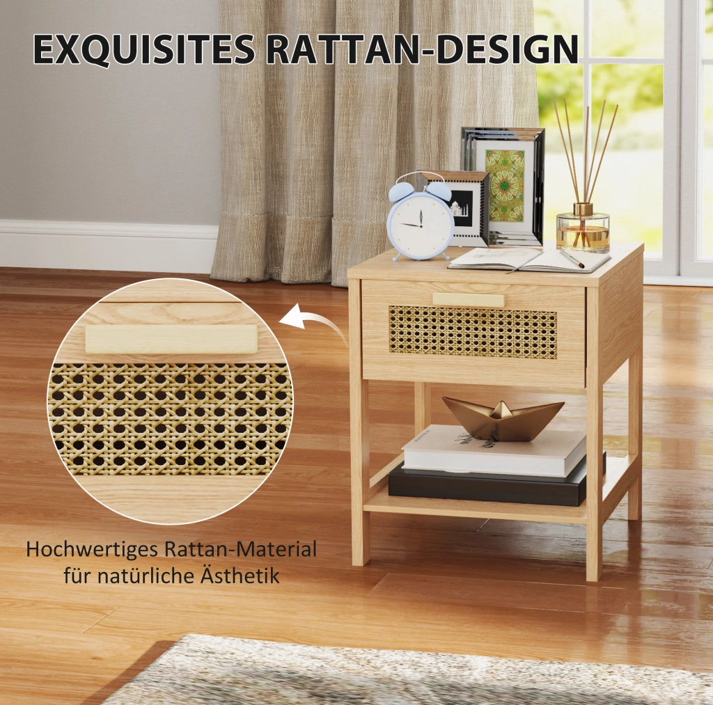 Comodino in rattan naturale con cassetto e ripiani aperti 40x40x48,4 cm