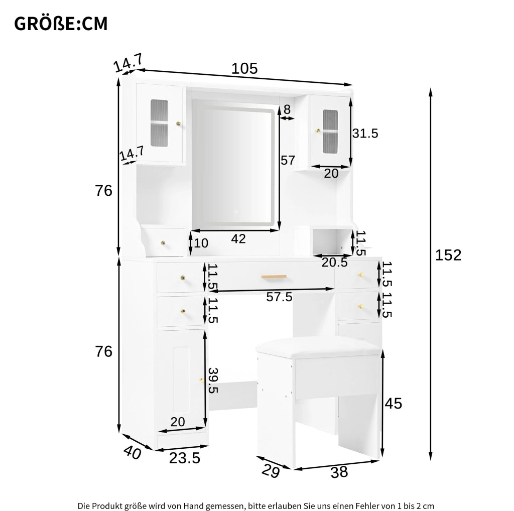 Toeletta con specchio illuminato regolabile, prese integrate, 6 cassetti e 4 ante per ordine