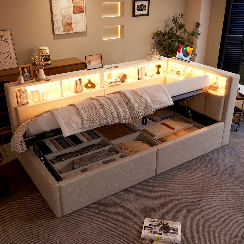 Letto divano 90 × 200 cm singolo con contenitore idraulico; LED regolabile; USB e Type-C; senza materasso; beige