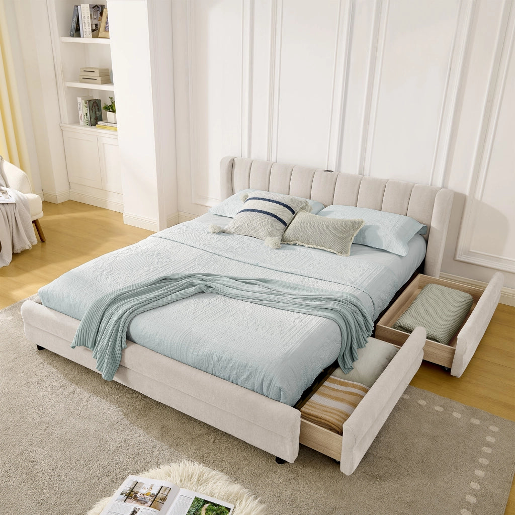 Letto 140x200 cm con 4 cassetti laterali, USB e USB-C in ciniglia beige