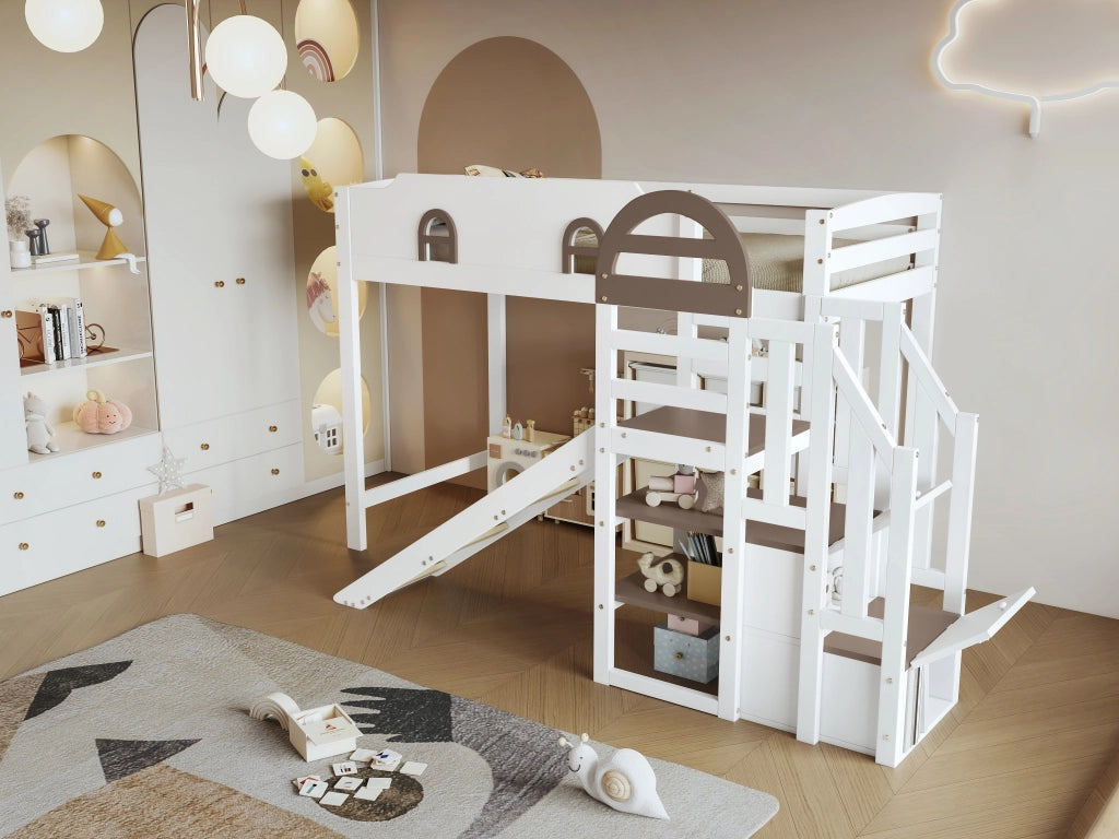 Letto a castello per bambini 90×200 cm, bianco e marrone, in pino e MDF, con scivolo, scala contenitore con 2 armadietti e corrimano