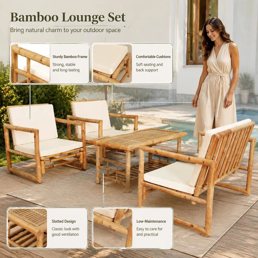 4-piece Garden Lounge Set With Cushions, Bamboo