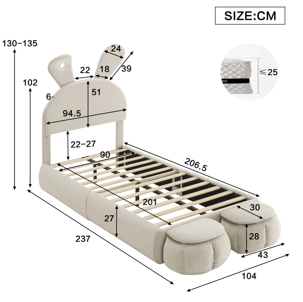 Letto imbottito 90x200 cm con orecchie decorative, luce LED e contenitori