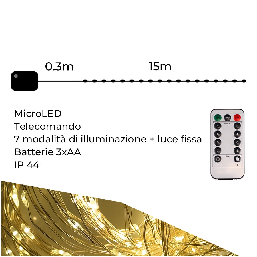 LUCI NATALIZIE DECORATIVE 150 MICRO LED LUCE GIALLA DA 15 METRI CON TELECOMANDO - ILLUMINAZIONE ESTERNA VERSATILE E IMPERMEABILE
