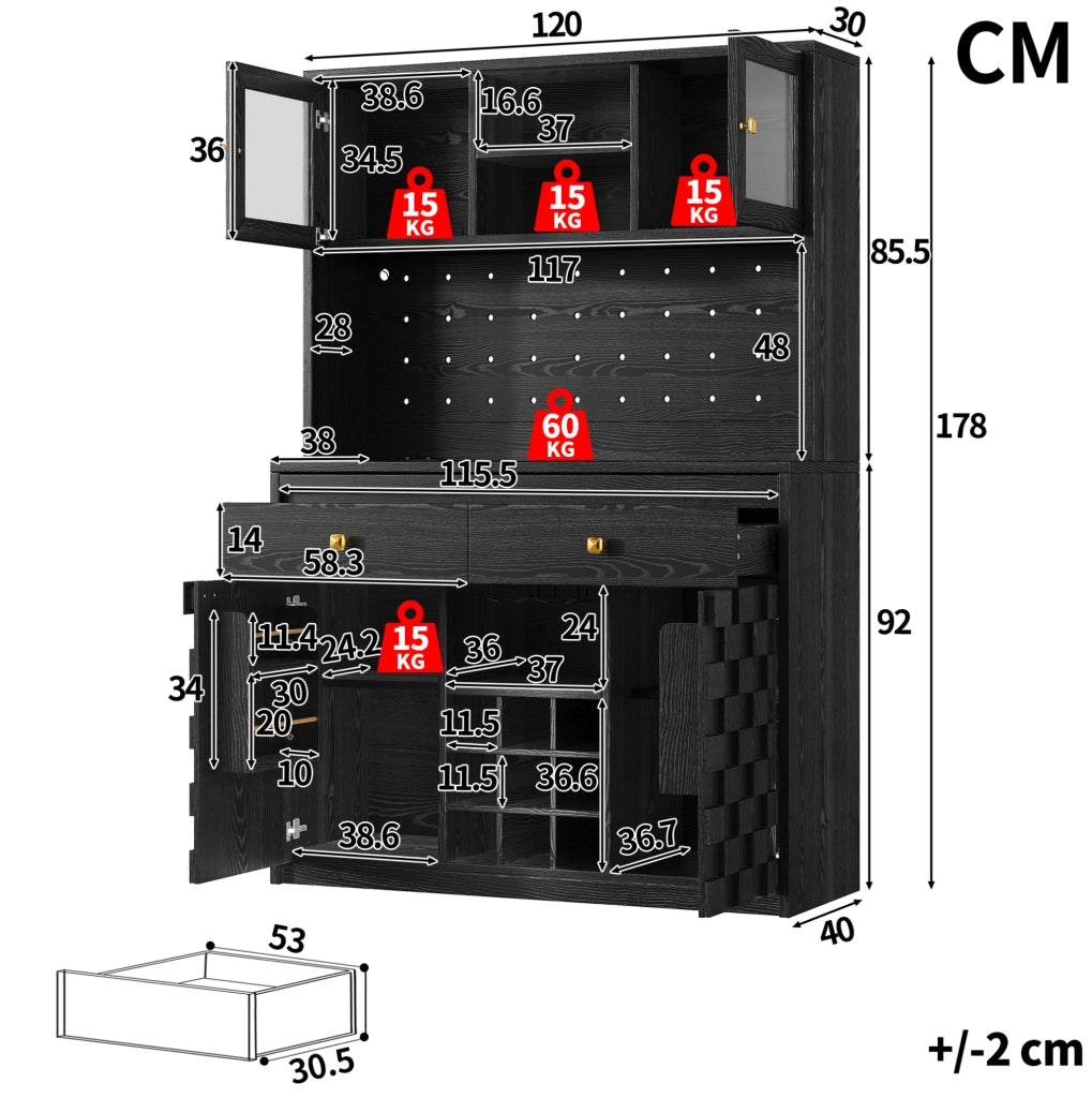 Hochschrank Küche mit Acrylfront, LED-Lichtband, USB-Ports, Weinflaschenhalter und verstellbaren Einlegeböden, 120x40x178 cm