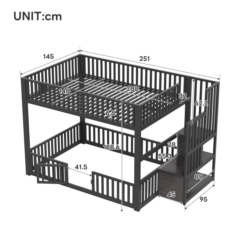 Letto a castello 140x200 con scala contenitore; LED; MDF e metallo; nero