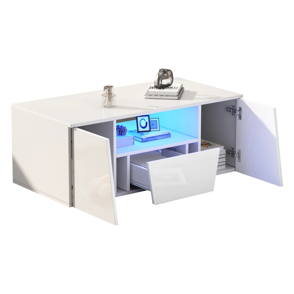 Tavolino da salotto LED con 2 ante, 1 cassetto e vano aperto, design irregolare moderno, bianco, 100 × 50 × 40 cm