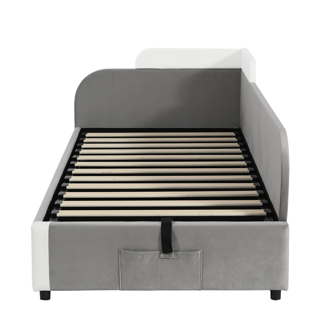 Letto singolo contenitore 90x200 cm in velluto grigio e bianco; sollevamento idraulico e sponda destra per cameretta