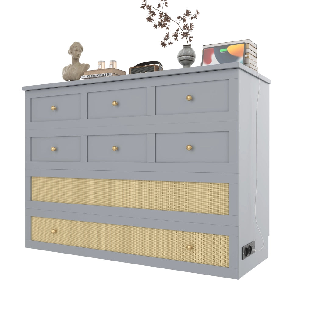 Letto a scomparsa 140 × 200 cm 2 posti con cassetto; USB e presa; senza materasso; in MDF; grigio