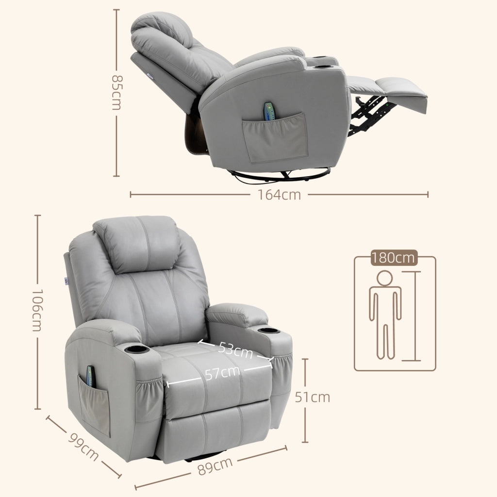 Poltrona Relax con Massaggio a 8 Punti Vibranti, 5 Modalità, Funzione Letto, Rivestimento in Pelle Sintetica Grigio Chiaro, Portata 150 kg