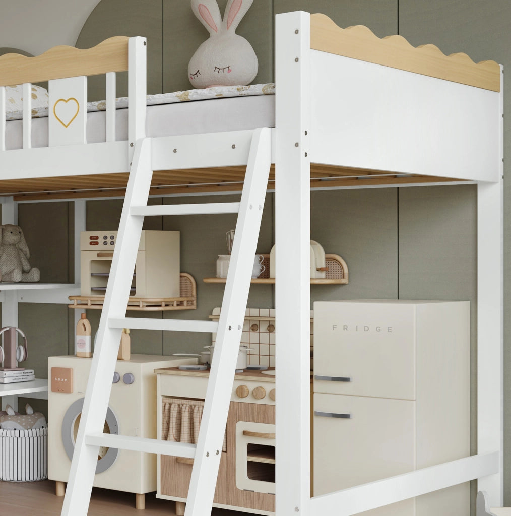 Letto a soppalco per bambini 90x200 cm con scivolo, armadio e ripiano bianco/naturale